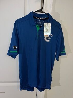 New $75 Vancouver Canucks NHL Blue Golf Polo Shirt S Adult Adidas Climachill